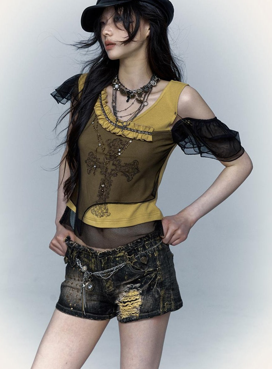 NO ROMANCE禁忌浪漫 Asym Rock Punk Mesh Rhinestone Print T-Shirt