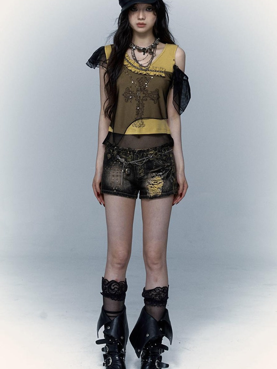 NO ROMANCE禁忌浪漫 Asym Rock Punk Mesh Rhinestone Print T-Shirt