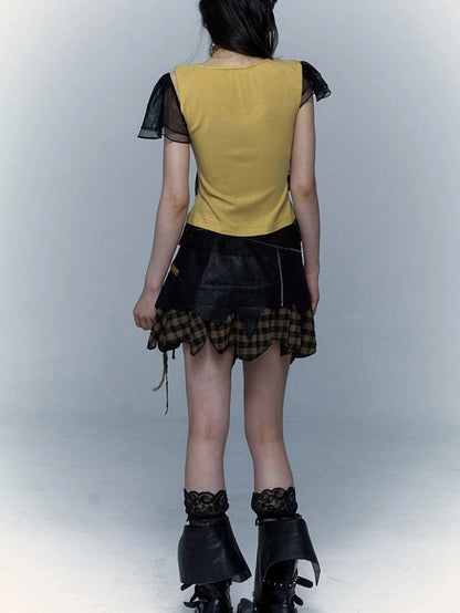Asym Rock Punk Mesh Rhinestone Print T-Shirt