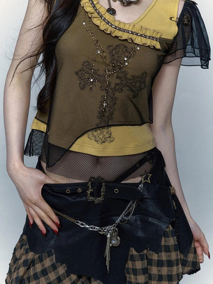 Asym Rock Punk Mesh Rhinestone Print T-Shirt