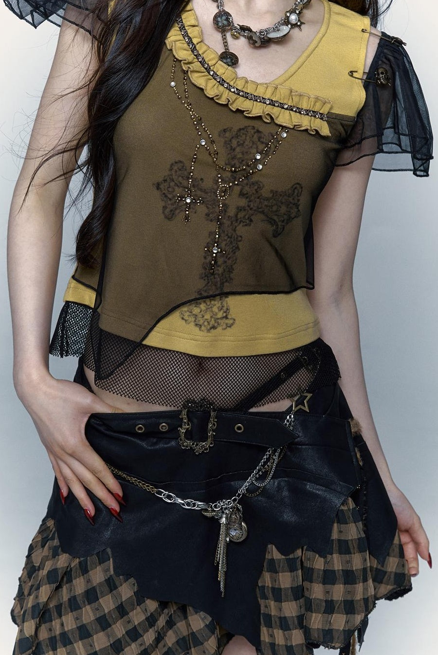 NO ROMANCE禁忌浪漫 Asym Rock Punk Mesh Rhinestone Print T-Shirt