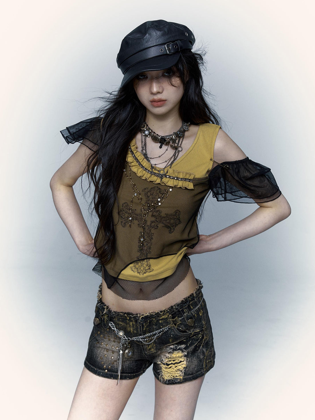 NO ROMANCE禁忌浪漫 Asym Rock Punk Mesh Rhinestone Print T-Shirt