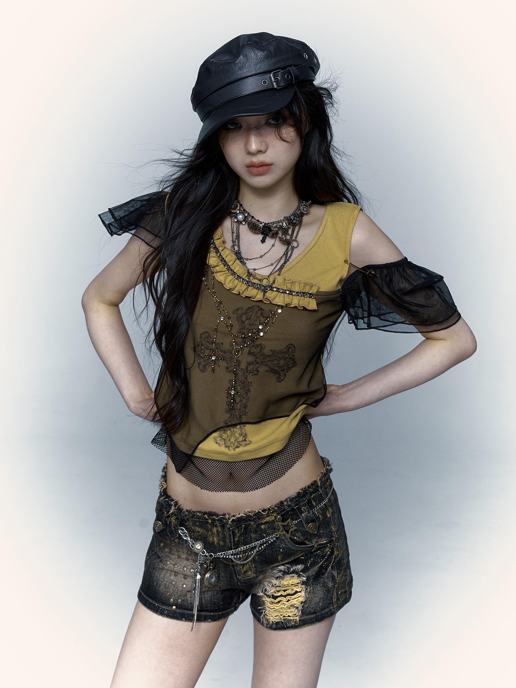 NO ROMANCE禁忌浪漫 Asym Rock Punk Mesh Rhinestone Print T-Shirt