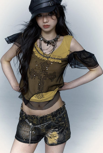 NO ROMANCE禁忌浪漫 Asym Rock Punk Mesh Rhinestone Print T-Shirt