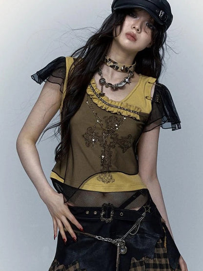 Asym Rock Punk Mesh Rhinestone Print T-Shirt