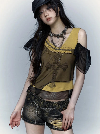 Asym Rock Punk Mesh Rhinestone Print T-Shirt
