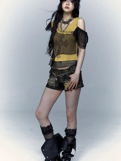 Asym Rock Punk Mesh Rhinestone Print T-Shirt