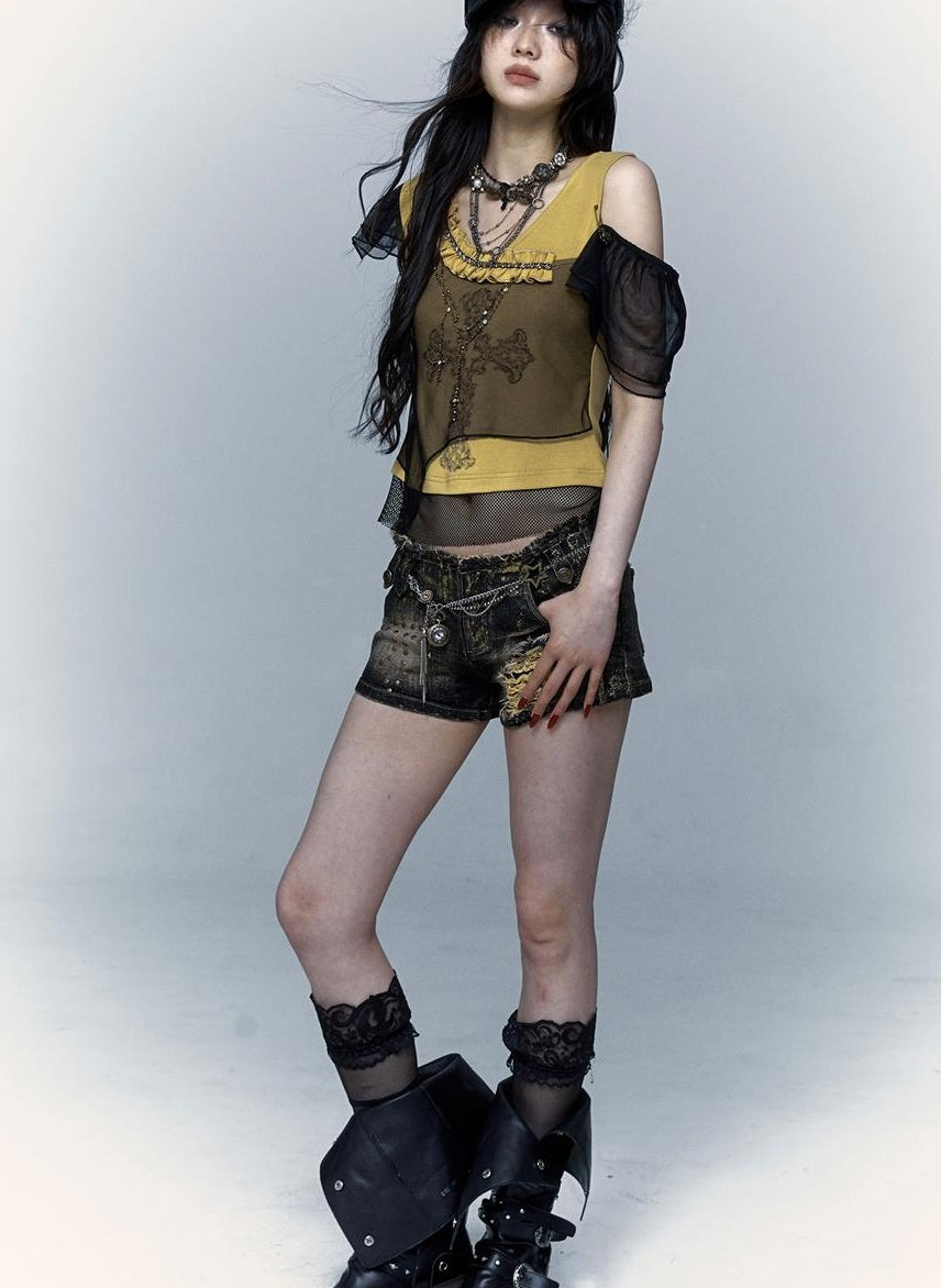 NO ROMANCE禁忌浪漫 Asym Rock Punk Mesh Rhinestone Print T-Shirt