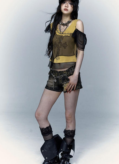 NO ROMANCE禁忌浪漫 Asym Rock Punk Mesh Rhinestone Print T-Shirt