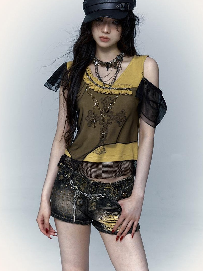 NO ROMANCE禁忌浪漫 Asym Rock Punk Mesh Rhinestone Print T-Shirt