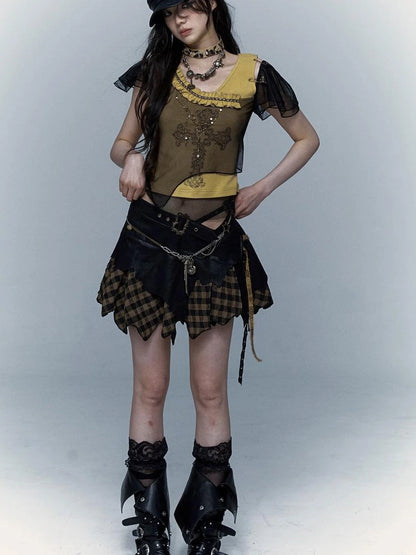 Asym Rock Punk Mesh Rhinestone Print T-Shirt