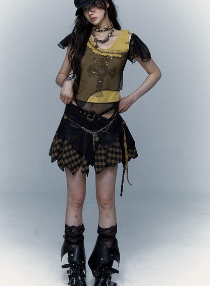 NO ROMANCE禁忌浪漫 Asym Rock Punk Mesh Rhinestone Print T-Shirt