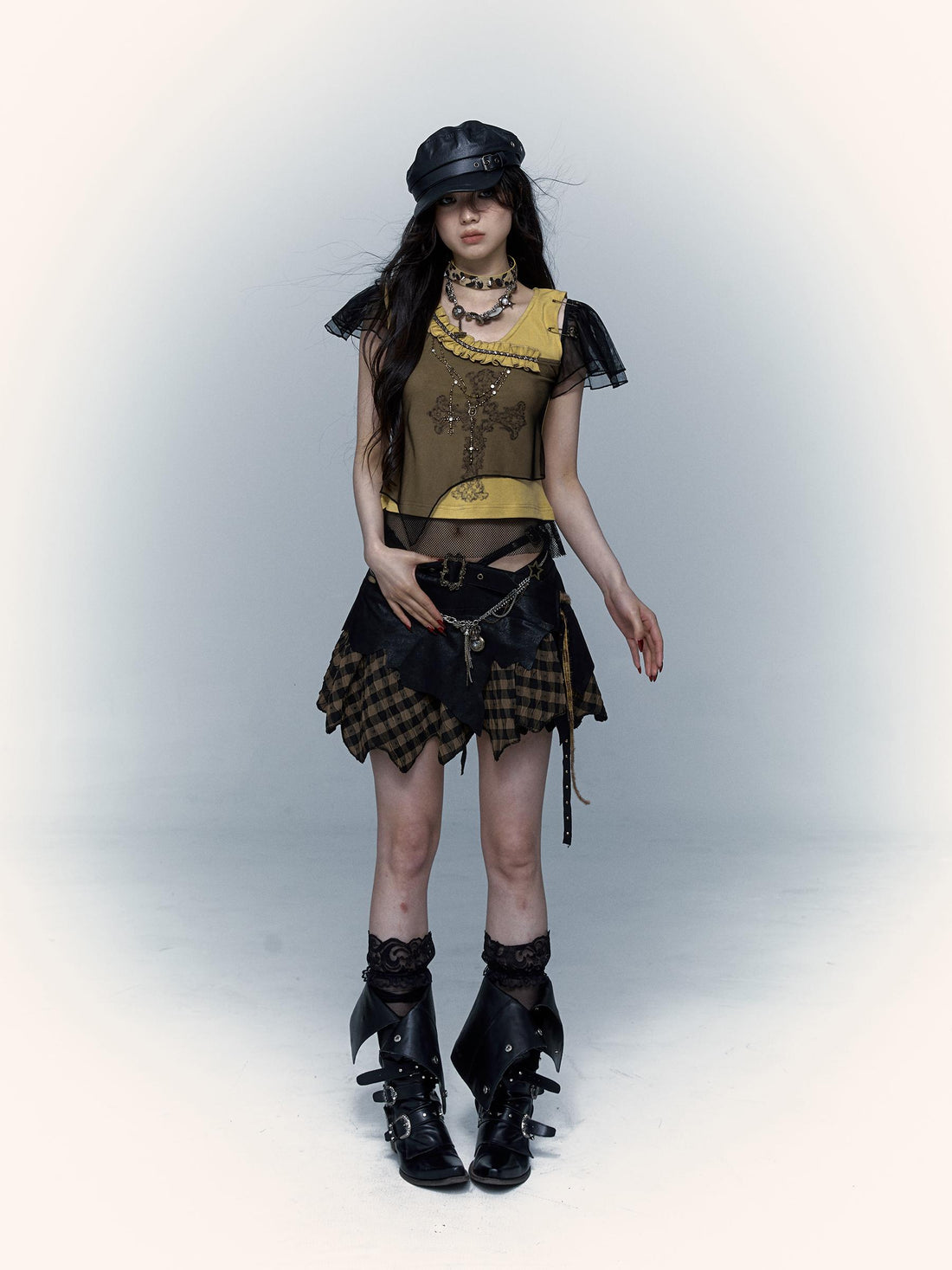 NO ROMANCE禁忌浪漫 Asym Rock Punk Mesh Rhinestone Print T-Shirt