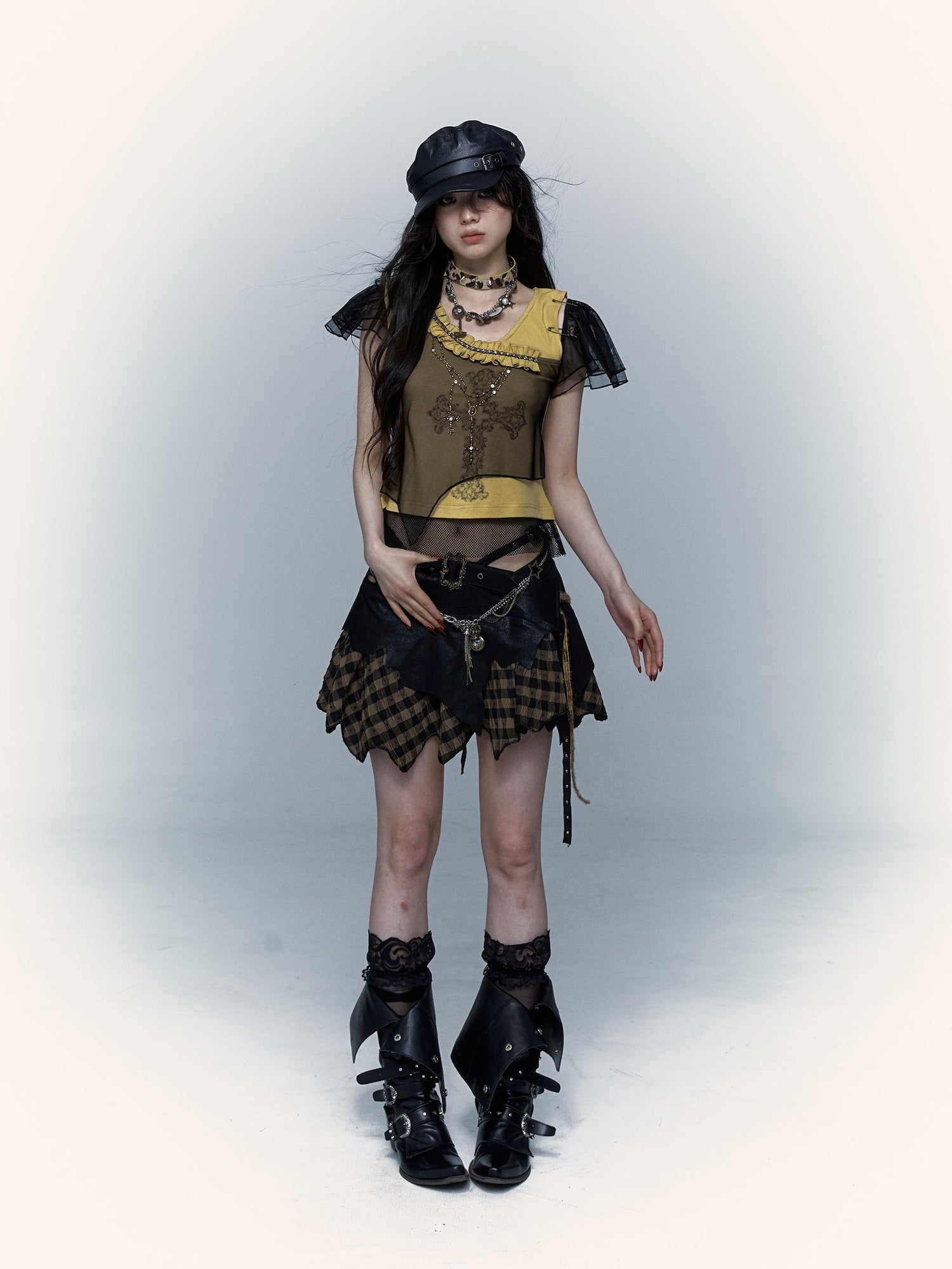 NO ROMANCE禁忌浪漫 Asym Rock Punk Mesh Rhinestone Print T-Shirt