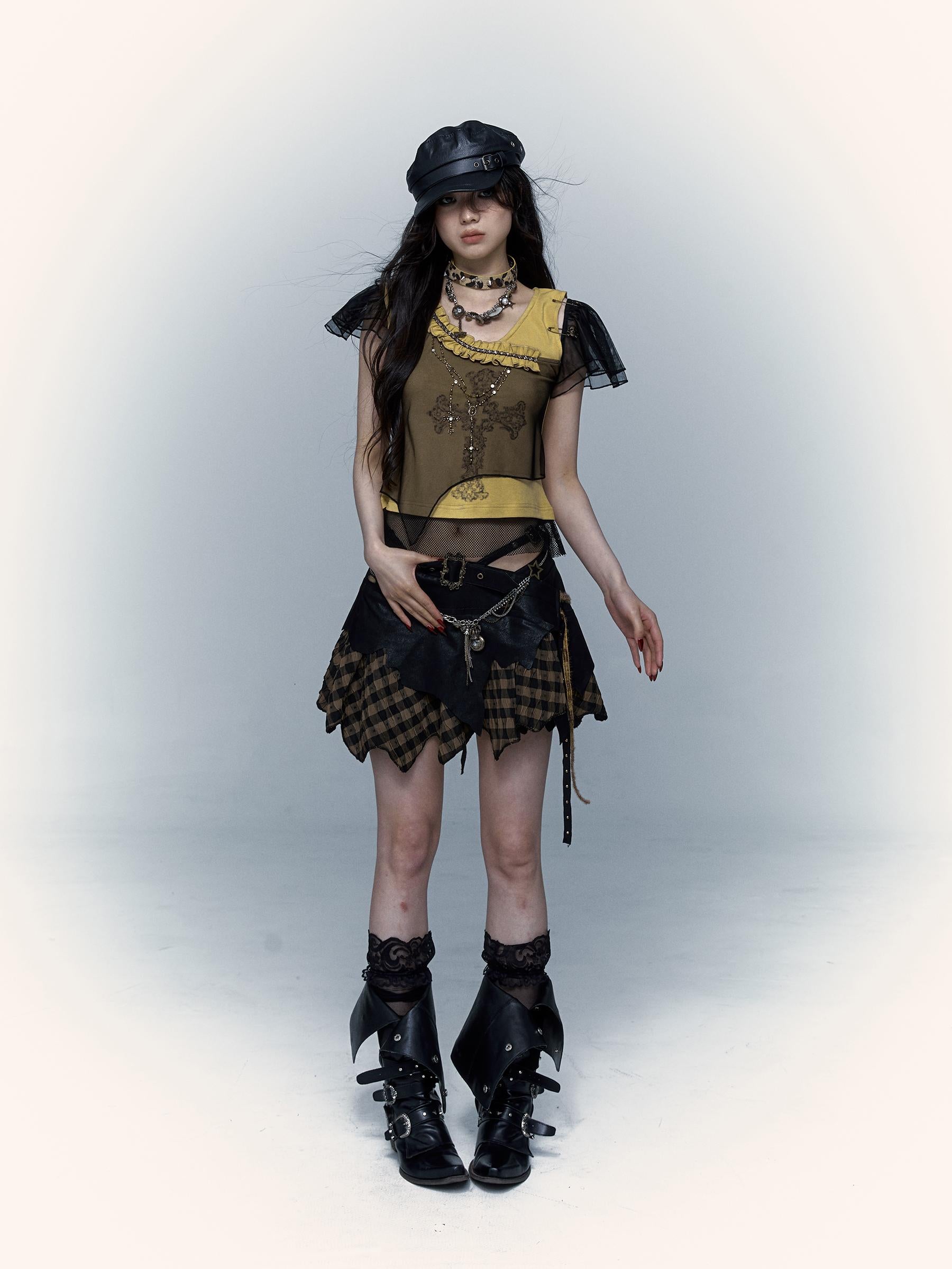 NO ROMANCE禁忌浪漫 Asym Rock Punk Mesh Rhinestone Print T-Shirt