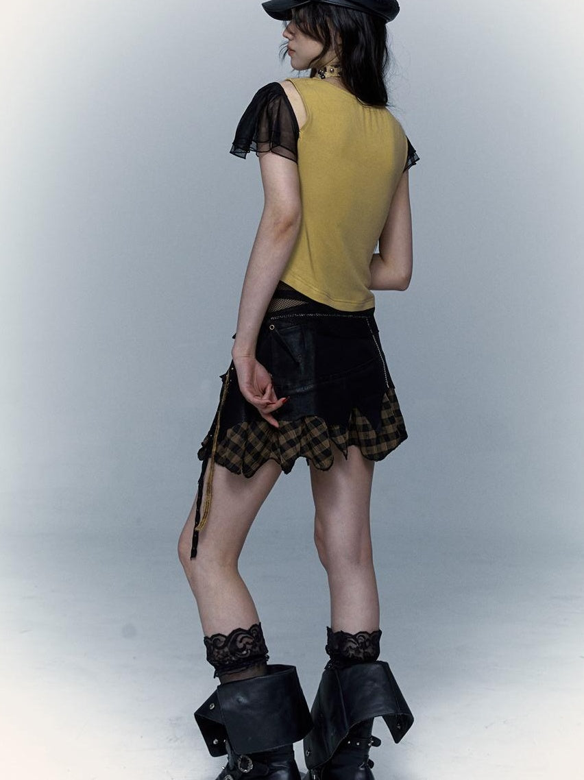 NO ROMANCE禁忌浪漫 Asym Rock Punk Mesh Rhinestone Print T-Shirt