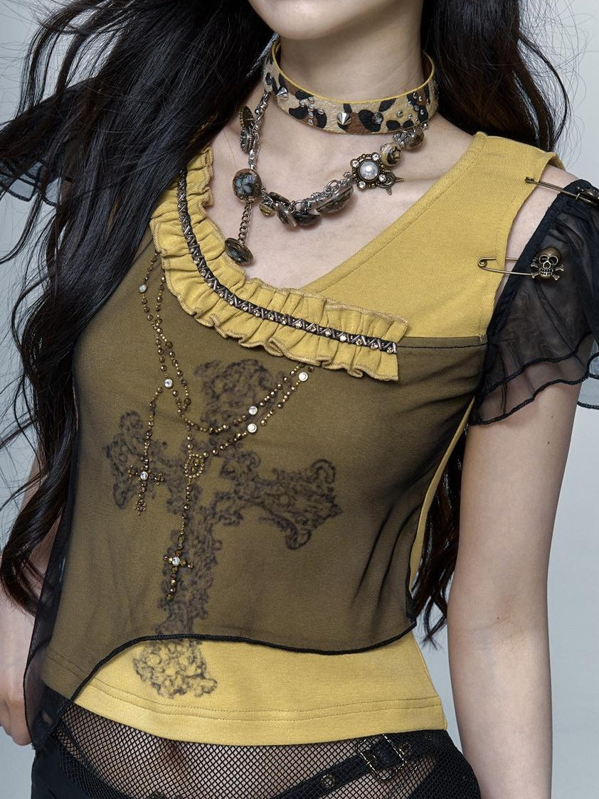 NO ROMANCE禁忌浪漫 Asym Rock Punk Mesh Rhinestone Print T-Shirt