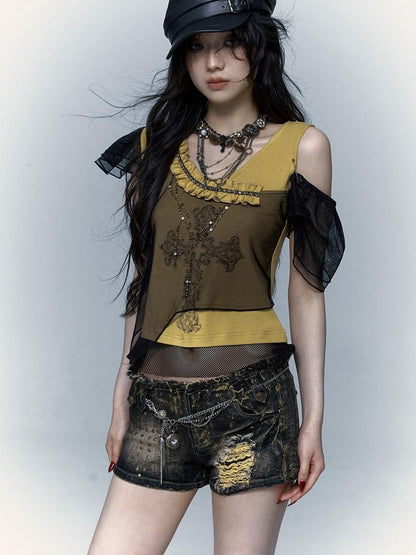 NO ROMANCE禁忌浪漫 Asym Rock Punk Mesh Rhinestone Print T-Shirt