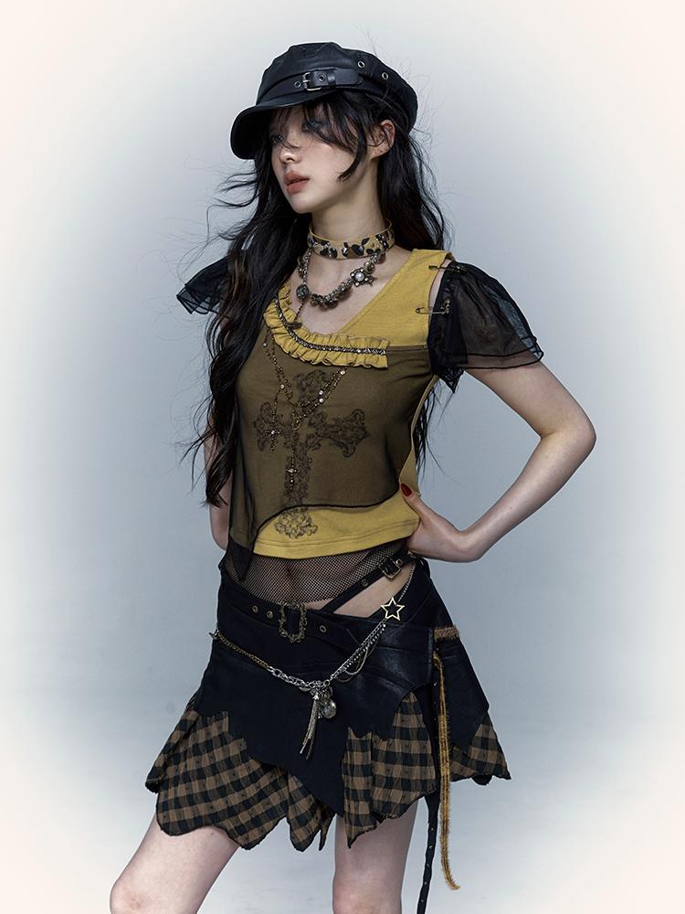 NO ROMANCE禁忌浪漫 Asym Rock Punk Mesh Rhinestone Print T-Shirt