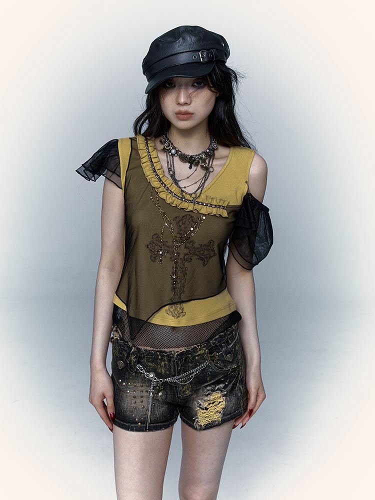 NO ROMANCE禁忌浪漫 Asym Rock Punk Mesh Rhinestone Print T-Shirt