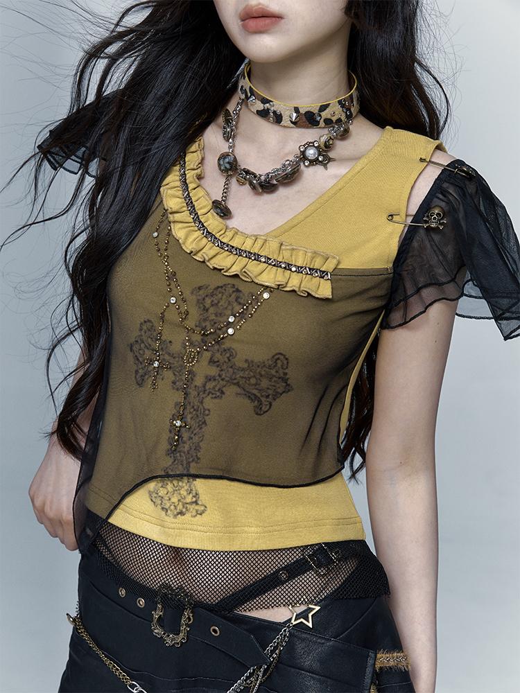 NO ROMANCE禁忌浪漫 Asym Rock Punk Mesh Rhinestone Print T-Shirt