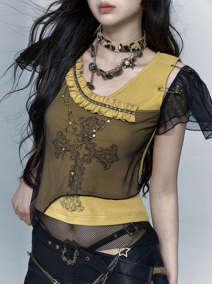 NO ROMANCE禁忌浪漫 Asym Rock Punk Mesh Rhinestone Print T-Shirt
