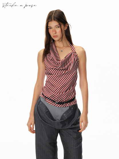 STRIKE A POSE Asym Stripe Sleeveless Draped Tie Neck Top