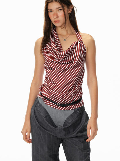 STRIKE A POSE Asym Stripe Sleeveless Draped Tie Neck Top