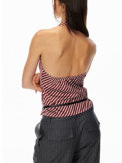 STRIKE A POSE Asym Stripe Sleeveless Draped Tie Neck Top
