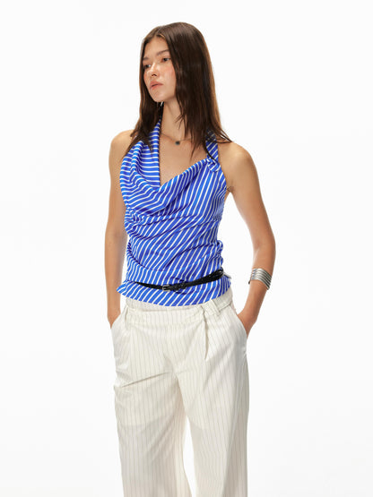 STRIKE A POSE Asym Stripe Sleeveless Draped Tie Neck Top
