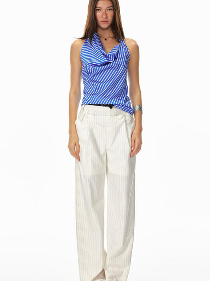 STRIKE A POSE Asym Stripe Sleeveless Draped Tie Neck Top