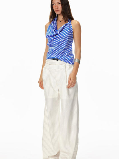 STRIKE A POSE Asym Stripe Sleeveless Draped Tie Neck Top