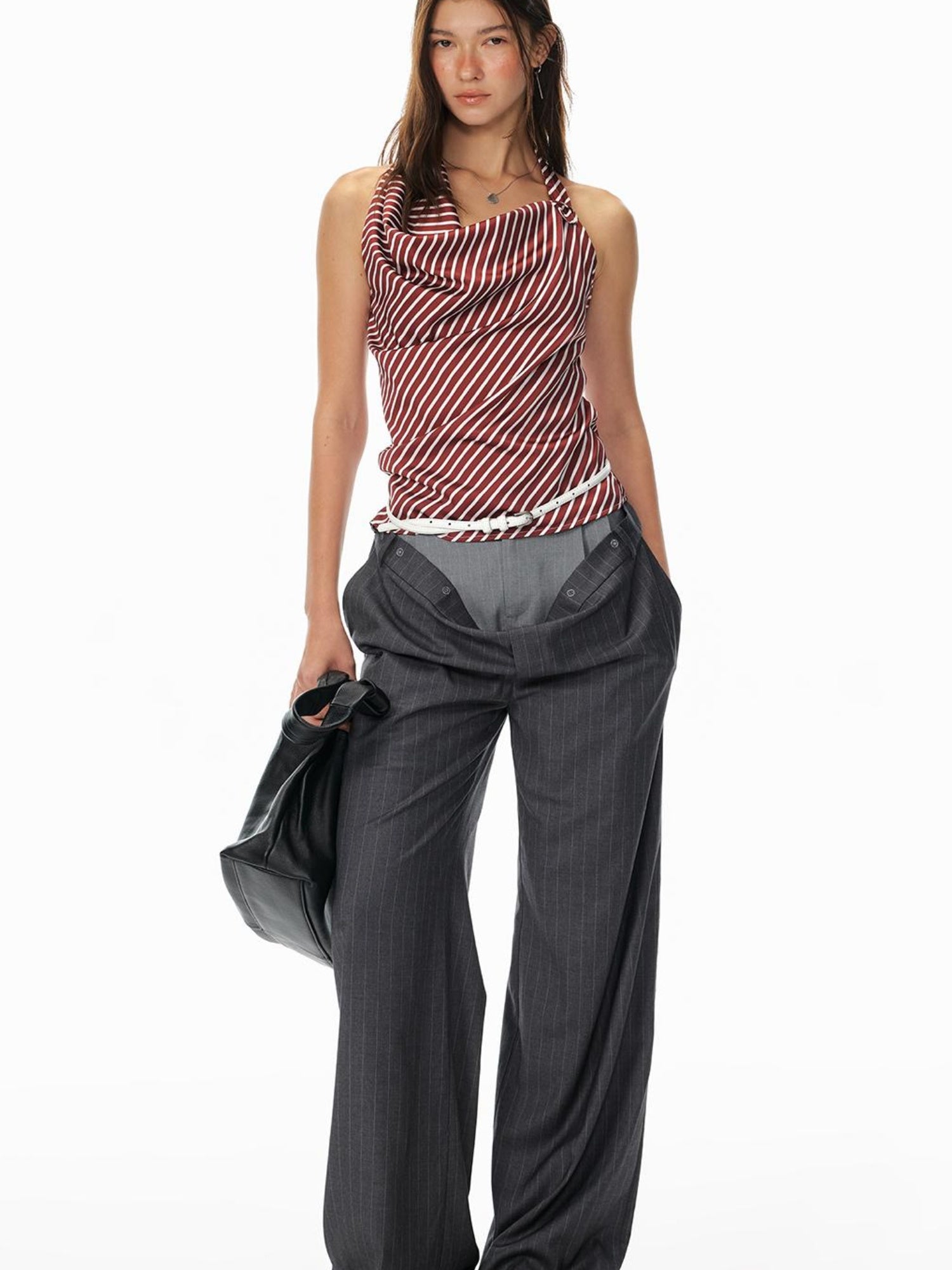 STRIKE A POSE Asym Stripe Sleeveless Draped Tie Neck Top