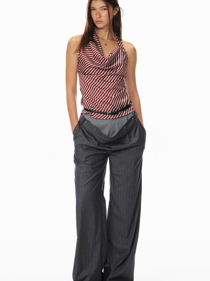 STRIKE A POSE Asym Stripe Sleeveless Draped Tie Neck Top