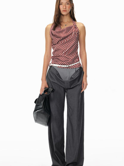 STRIKE A POSE Asym Stripe Sleeveless Draped Tie Neck Top