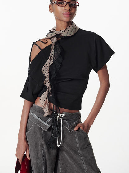 2th Desire Asymmetric Color Block Dot Tie Front Batwing Sleeve T-Shirt