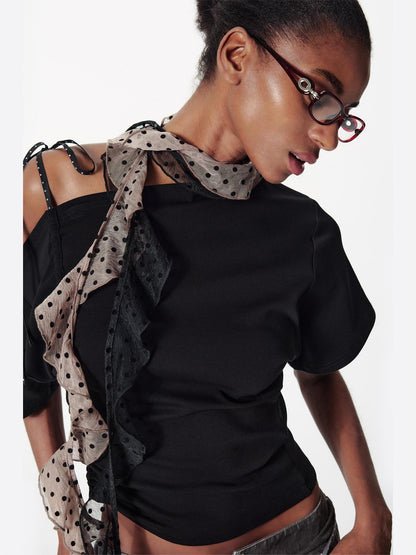 2th Desire Asymmetric Color Block Dot Tie Front Batwing Sleeve T-Shirt