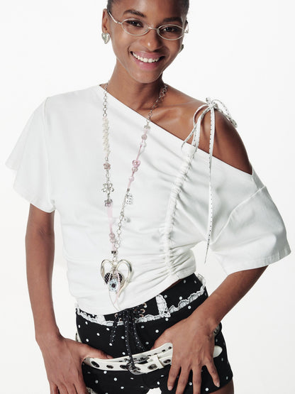 2th Desire Asymmetric Color Block Dot Tie Front Batwing Sleeve T-Shirt
