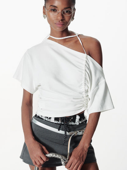 2th Desire Asymmetric Color Block Dot Tie Front Batwing Sleeve T-Shirt