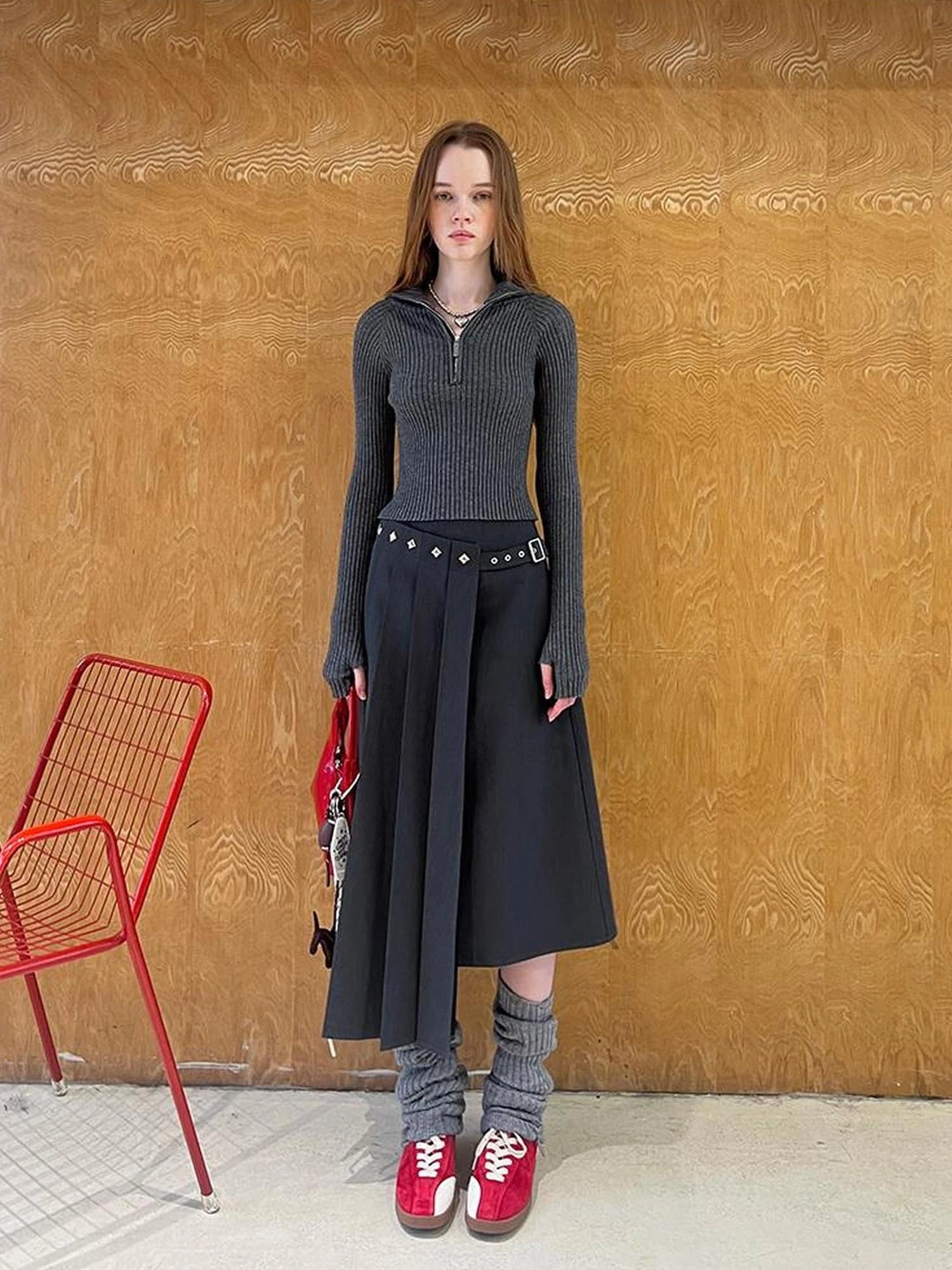 Asymmetric Pleated Skirt With Metal Studs