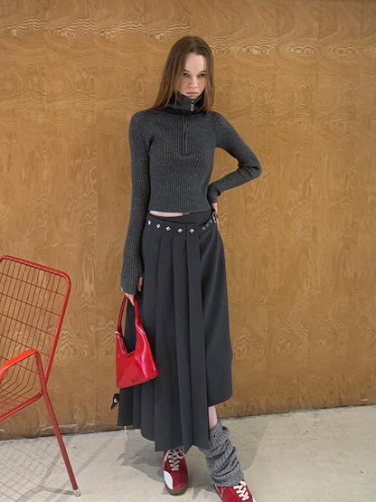 Asymmetric Pleated Skirt With Metal Studs