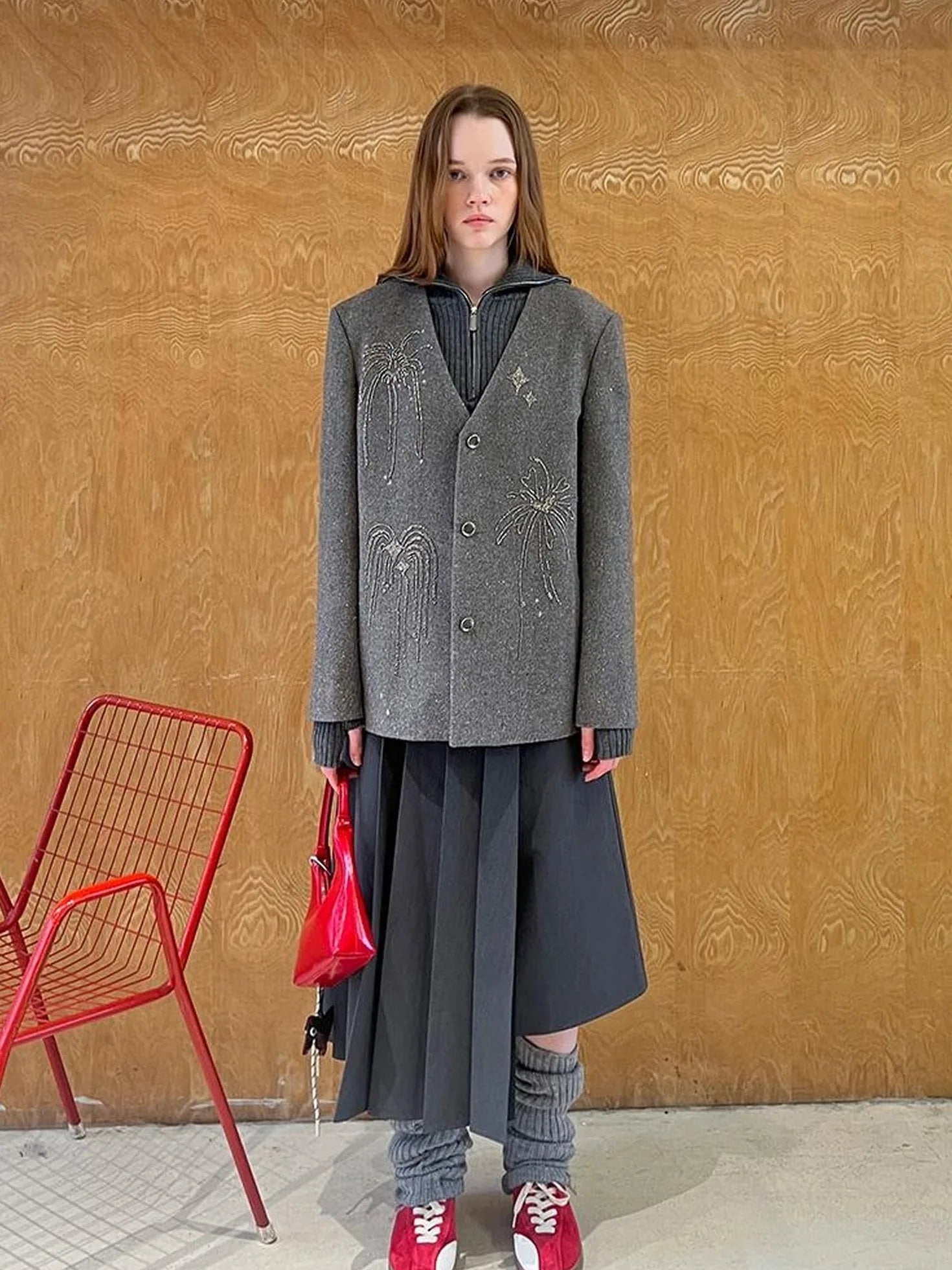 Asymmetric Pleated Skirt With Metal Studs