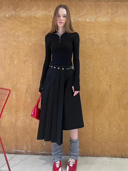 Asymmetric Pleated Skirt With Metal Studs