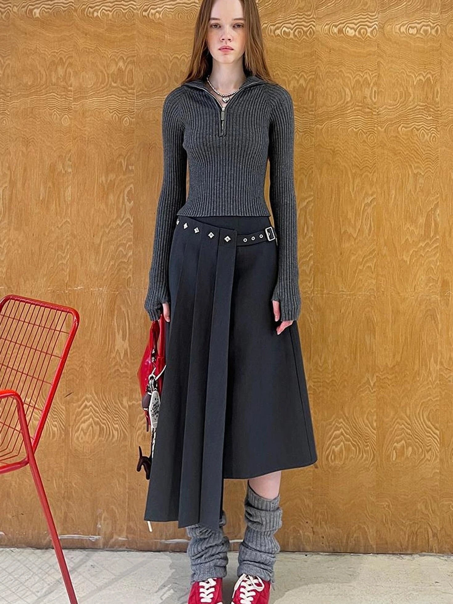 Asymmetric Pleated Skirt With Metal Studs