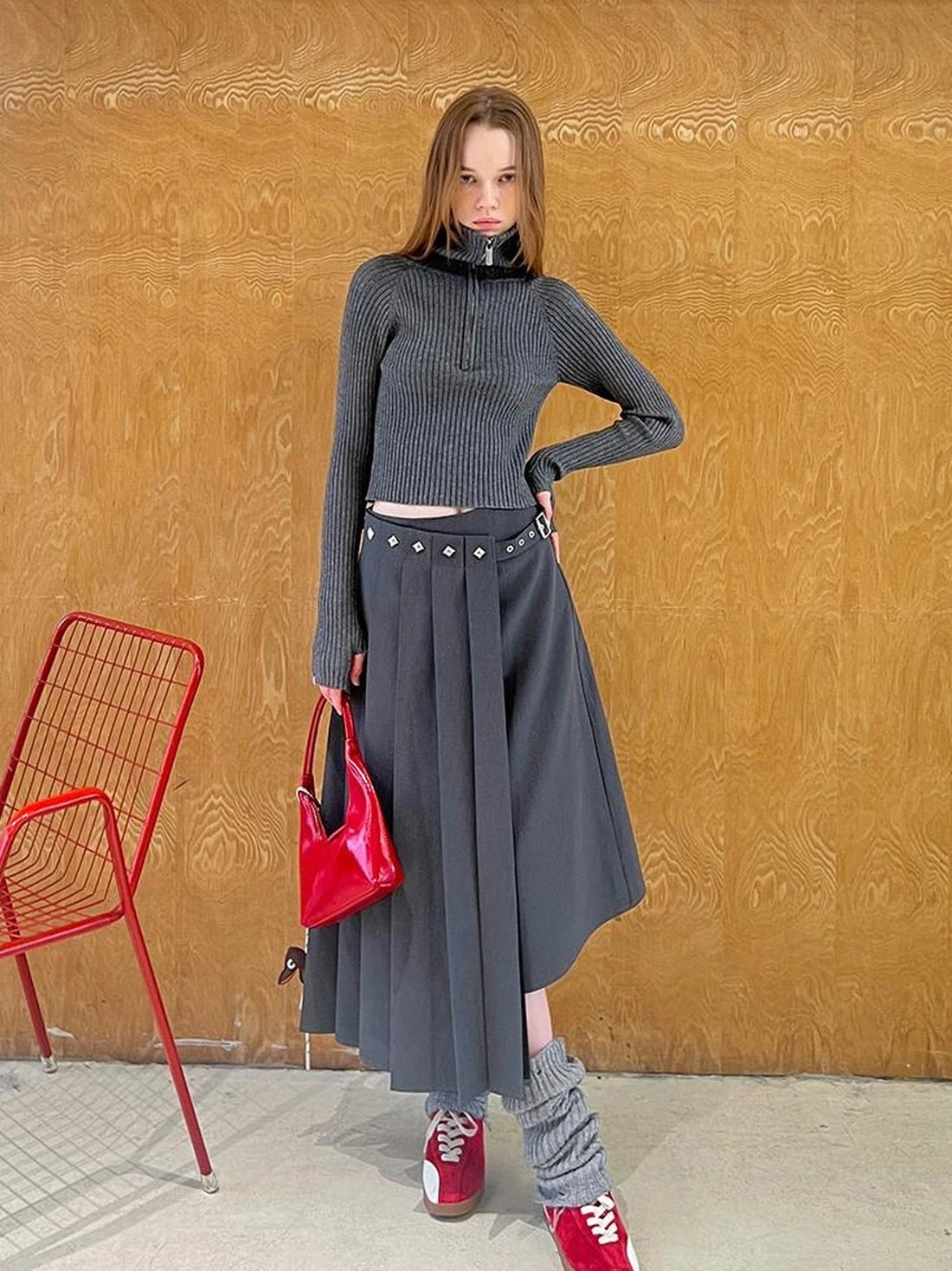 Asymmetric Pleated Skirt With Metal Studs