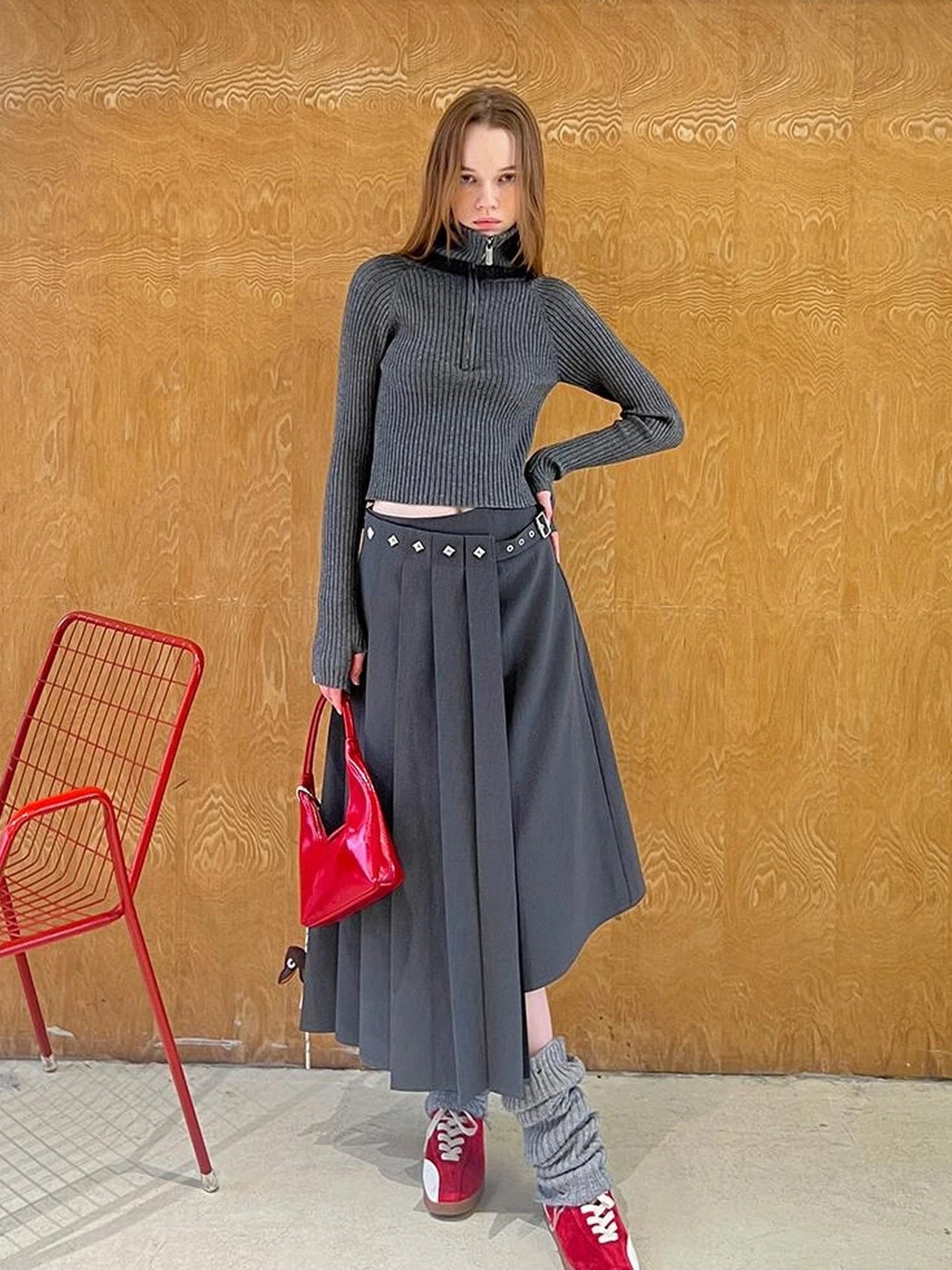 Asymmetric Pleated Skirt With Metal Studs