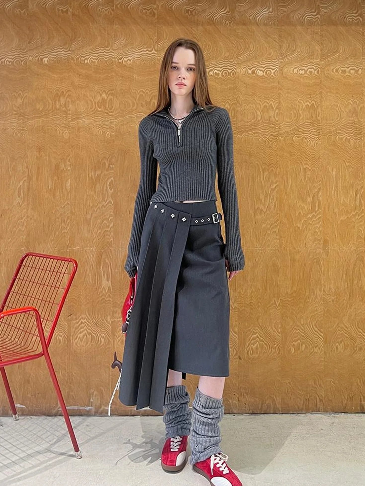 Asymmetric Pleated Skirt With Metal Studs