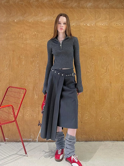 Asymmetric Pleated Skirt With Metal Studs