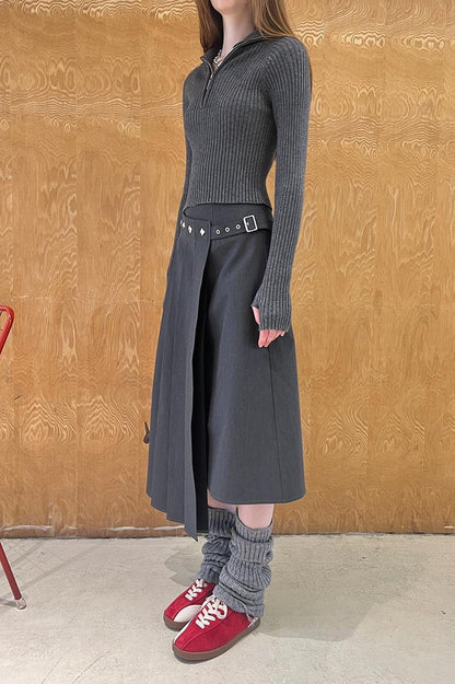 DIDDI MODA Asymmetric Pleated Skirt With Metal Studs
