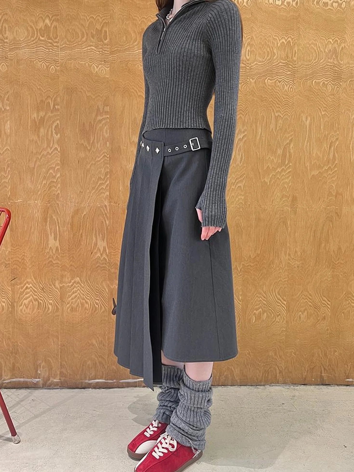Asymmetric Pleated Skirt With Metal Studs
